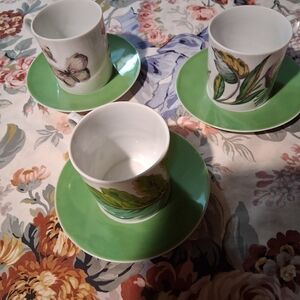 Floral Green Ceramic Mug and Saucer Set